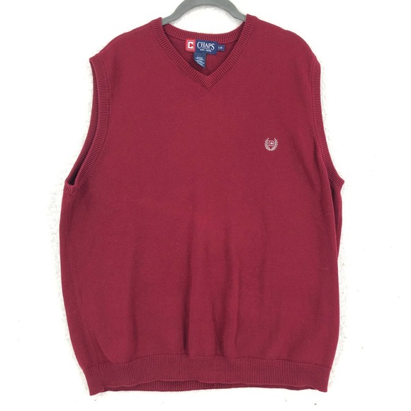 Chaps Sweater Vest Mens Large Solid Red Pullover V-Neck Sleeveless Rib Trim - Picture 1 of 4